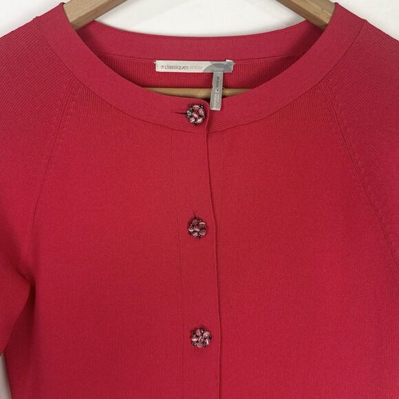 Classiques Entier Red Flower Jeweled Button Cardigan Petite Small Feminine Chic - Picture 5 of 9